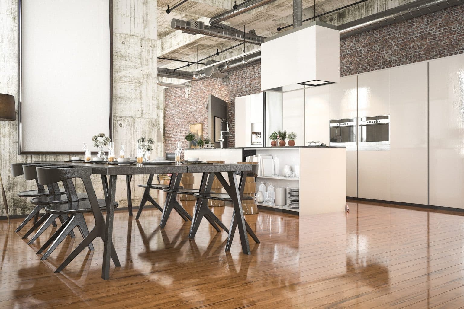 Cuisine au style industriel avec zone repas en bois noir