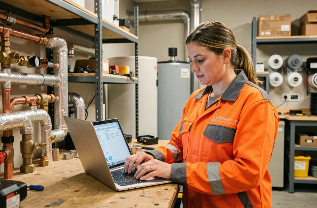 Technicienne d'Afem Normandie consultant une documentation sur ordinateur portable dans un atelier professionnel rempli de composants de pompes à chaleur