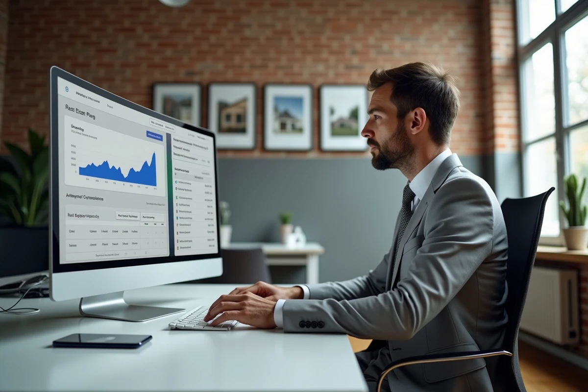 Agent immobilier analysant les tarifs de l'application lamaison360 sur ordinateur de bureau dans son agence
