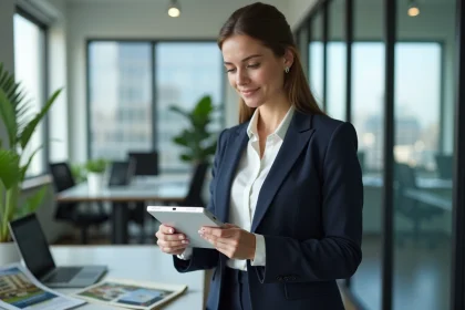 Agente immobilière utilisant l'application mobile lamaison360 sur tablette dans une agence moderne