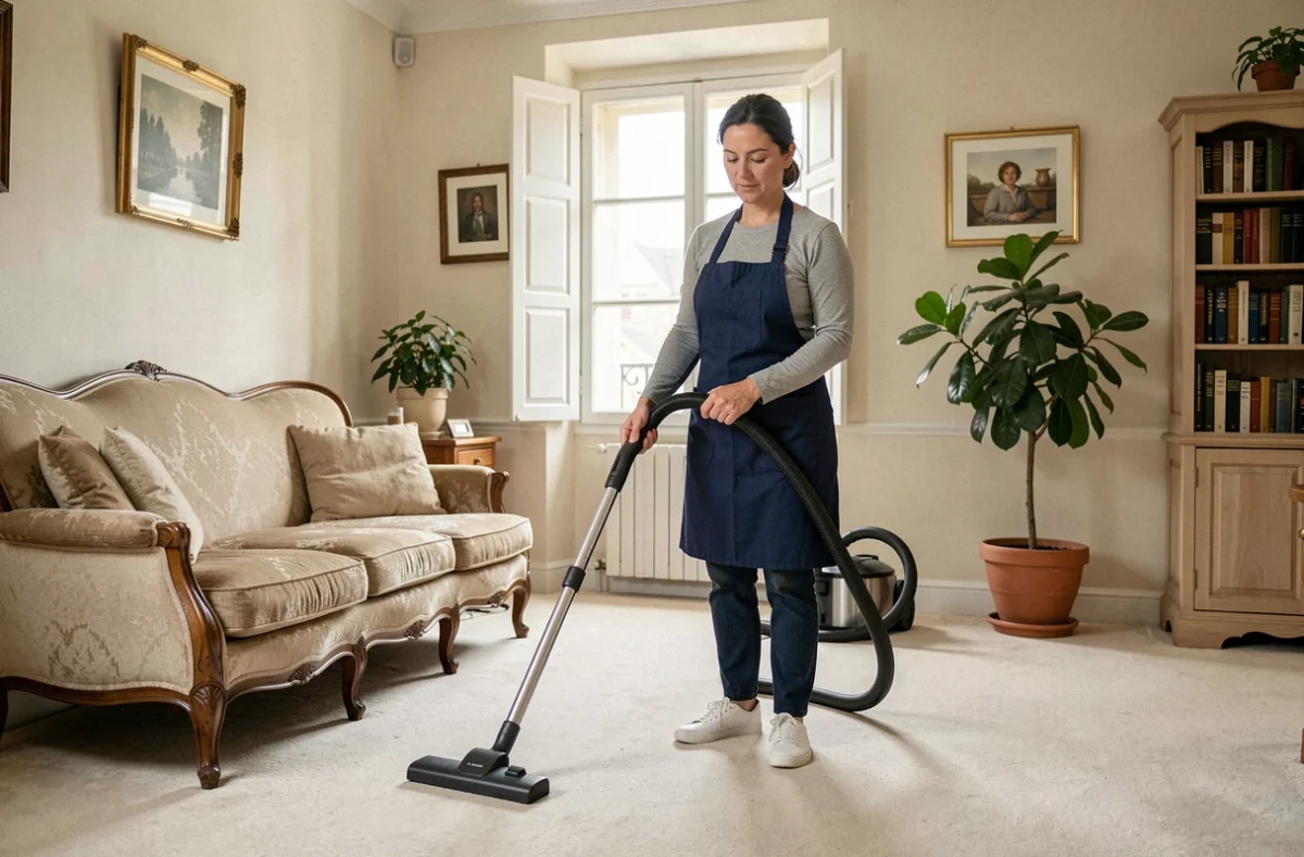 Aide ménagère passant l'aspirateur dans un salon soigné d'une maison à Limoges