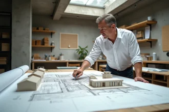 Architecte intérieur spécialisé en surélévation étudiant des plans de conversion de combles sur une table à dessin en studio