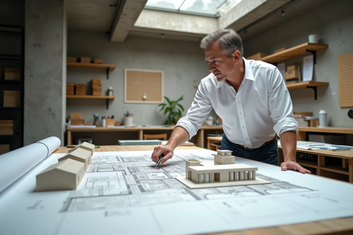 Architecte intérieur spécialisé en surélévation étudiant des plans de conversion de combles sur une table à dessin en studio