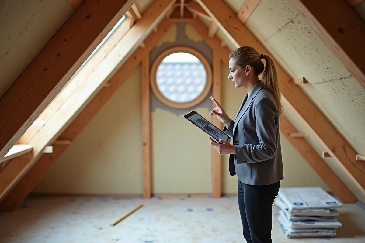 Architecte intérieure dans un grenier en cours de rénovation tenant une tablette avec le rendu 3D du futur espace surélevé