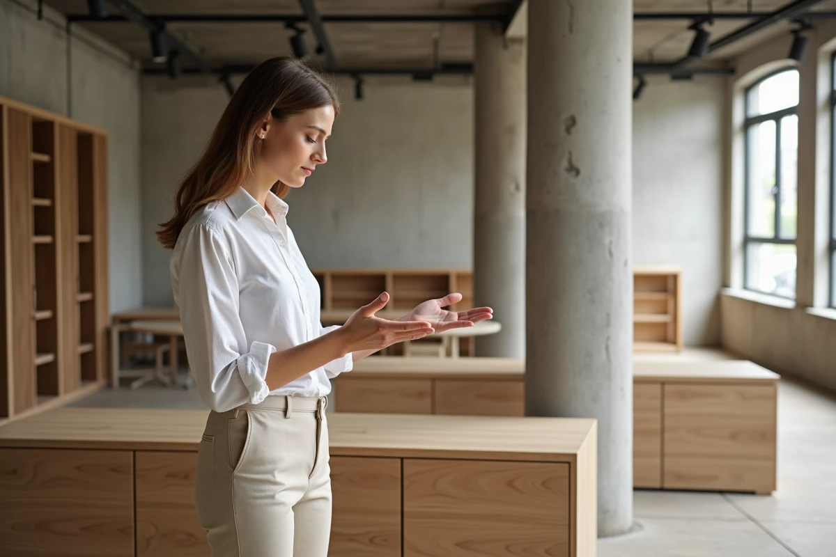 Architecte présentant un meuble en placage bois durable à un client dans un showroom d'éco-design contemporain