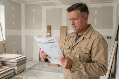 Artisan du bâtiment consultant un devis travaux imprimé dans une cuisine en cours de rénovation