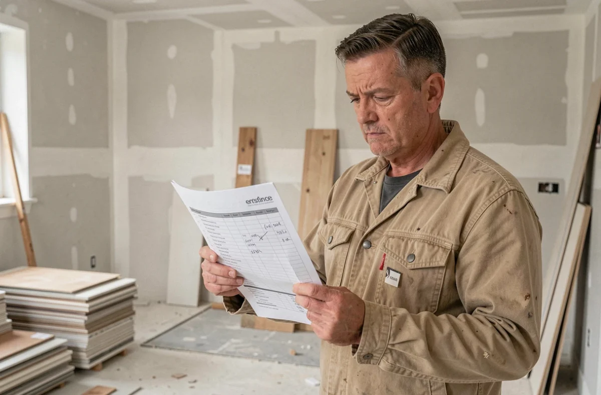 Artisan du bâtiment consultant un devis travaux imprimé dans une cuisine en cours de rénovation