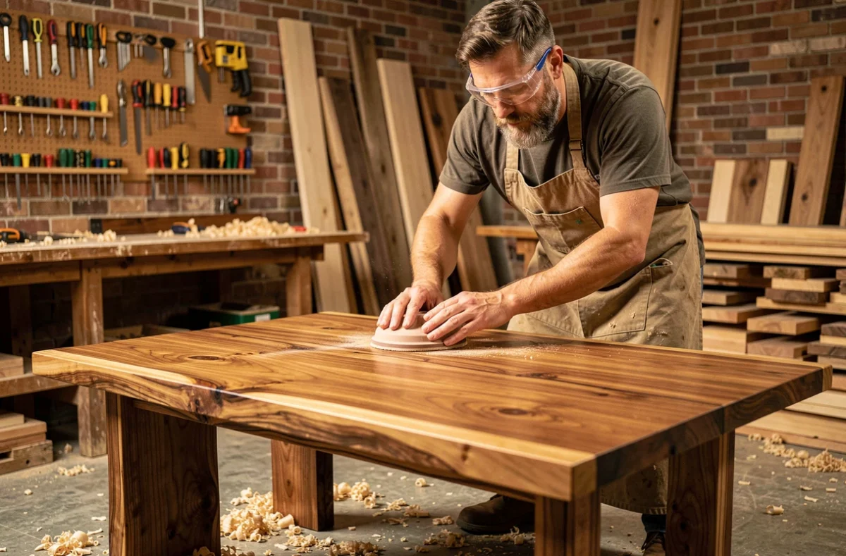 Artisan ébéniste travaillant sur une table basse en bois de teck exotique dans un atelier traditionnel