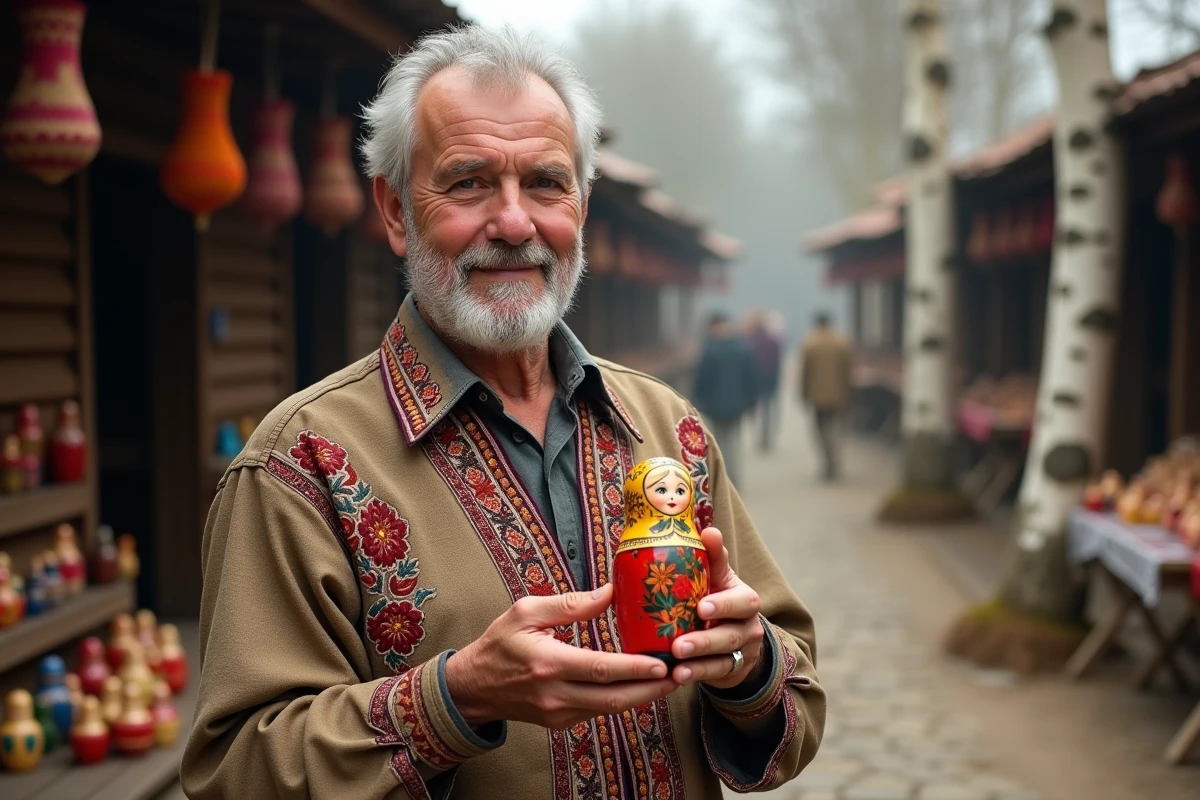 Artisan russe âgé tenant une matriochka ouverte révélant une poupée imbriquée dans un marché traditionnel en plein air