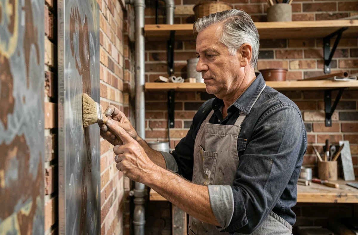 Artisan appliquant une patine sur un panneau de zinc dans un atelier au style industriel pour décoration de salon