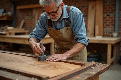 Artisan ébéniste appliquant un placage en noyer sur un panneau courbé dans un atelier de menuiserie traditionnel