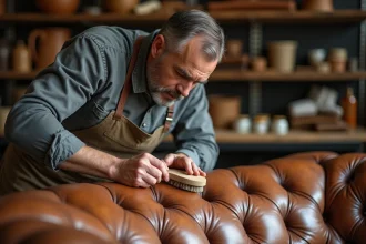 Artisan rénovant un canapé en cuir vintage avec un produit de restauration dans un atelier de maroquinerie