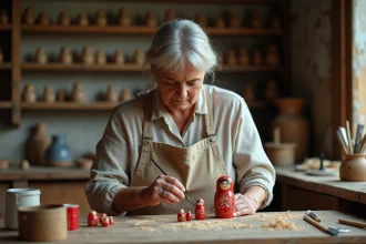 Artisane russe peignant à la main une matriochka traditionnelle dans un atelier en bois avec des pinceaux fins et des pots de peinture colorés