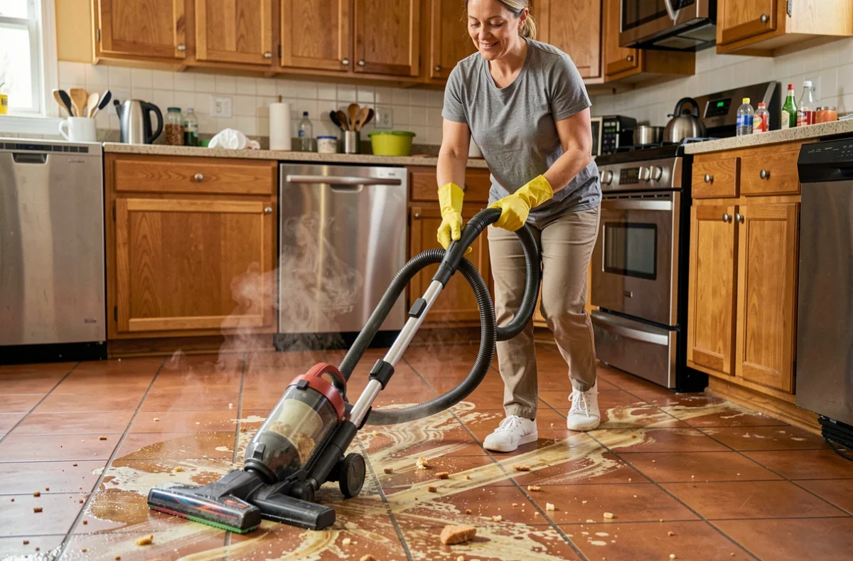Femme utilisant un aspirateur laveur à eau chaude pour nettoyer un sol de cuisine gras avec des traces tenaces