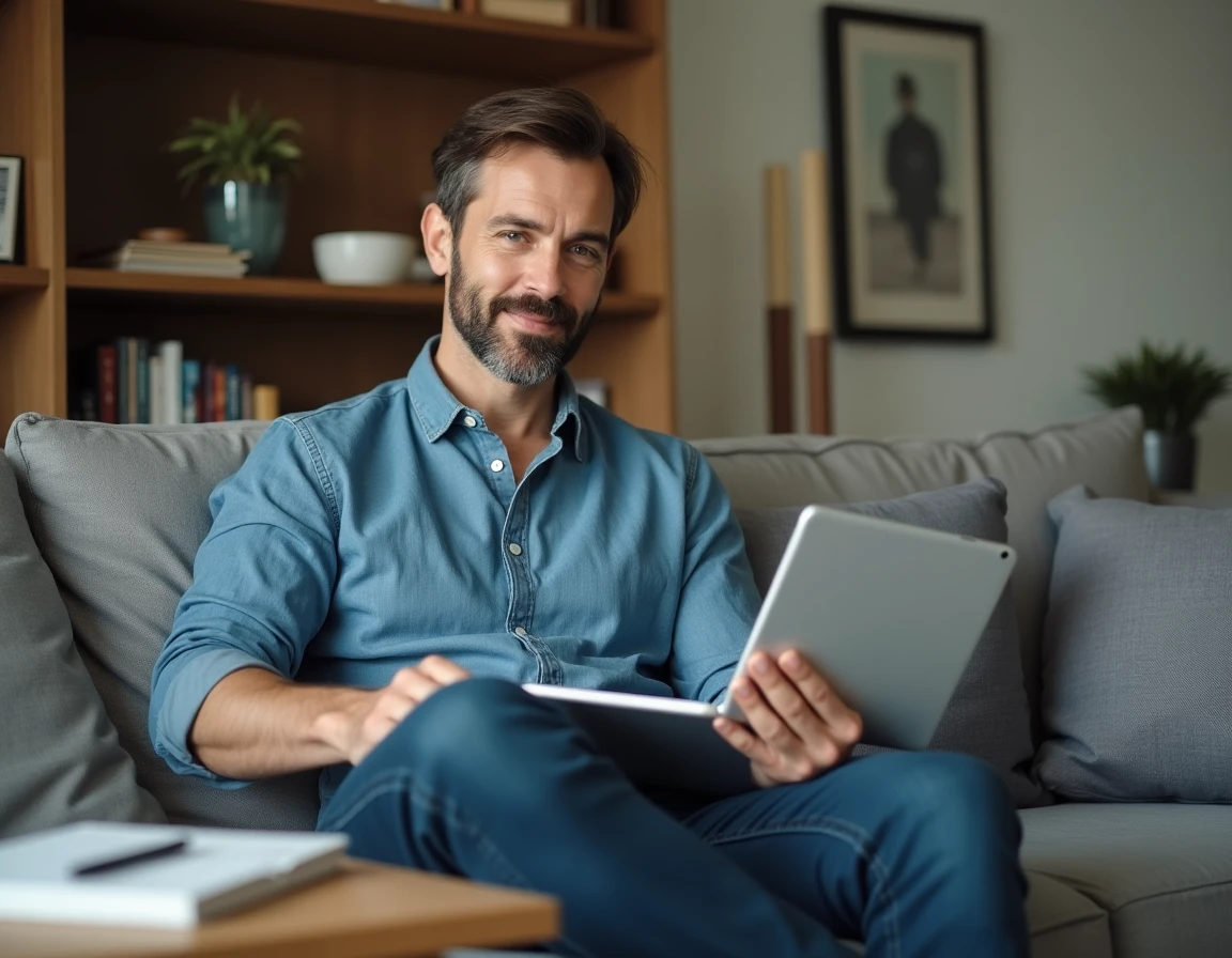 Homme consultant une offre d'assurance habitation sur tablette dans un salon confortable