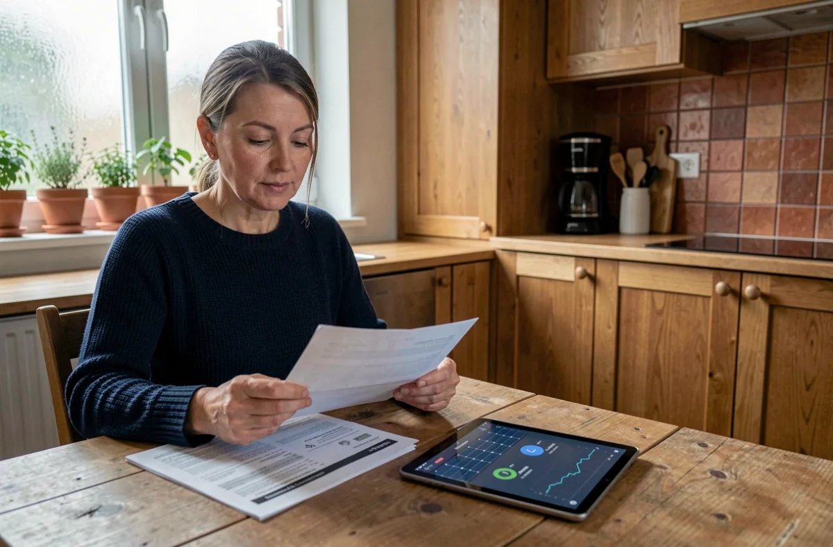 Femme comparant sa facture d'électricité et l'application de suivi des panneaux solaires Beem dans une cuisine moderne