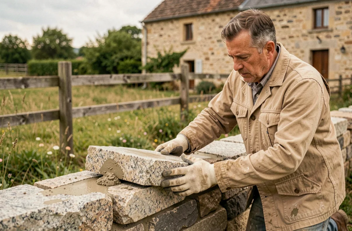 Maçon de Bilal Maçonnerie construisant un mur en pierre dans la campagne corrézienne