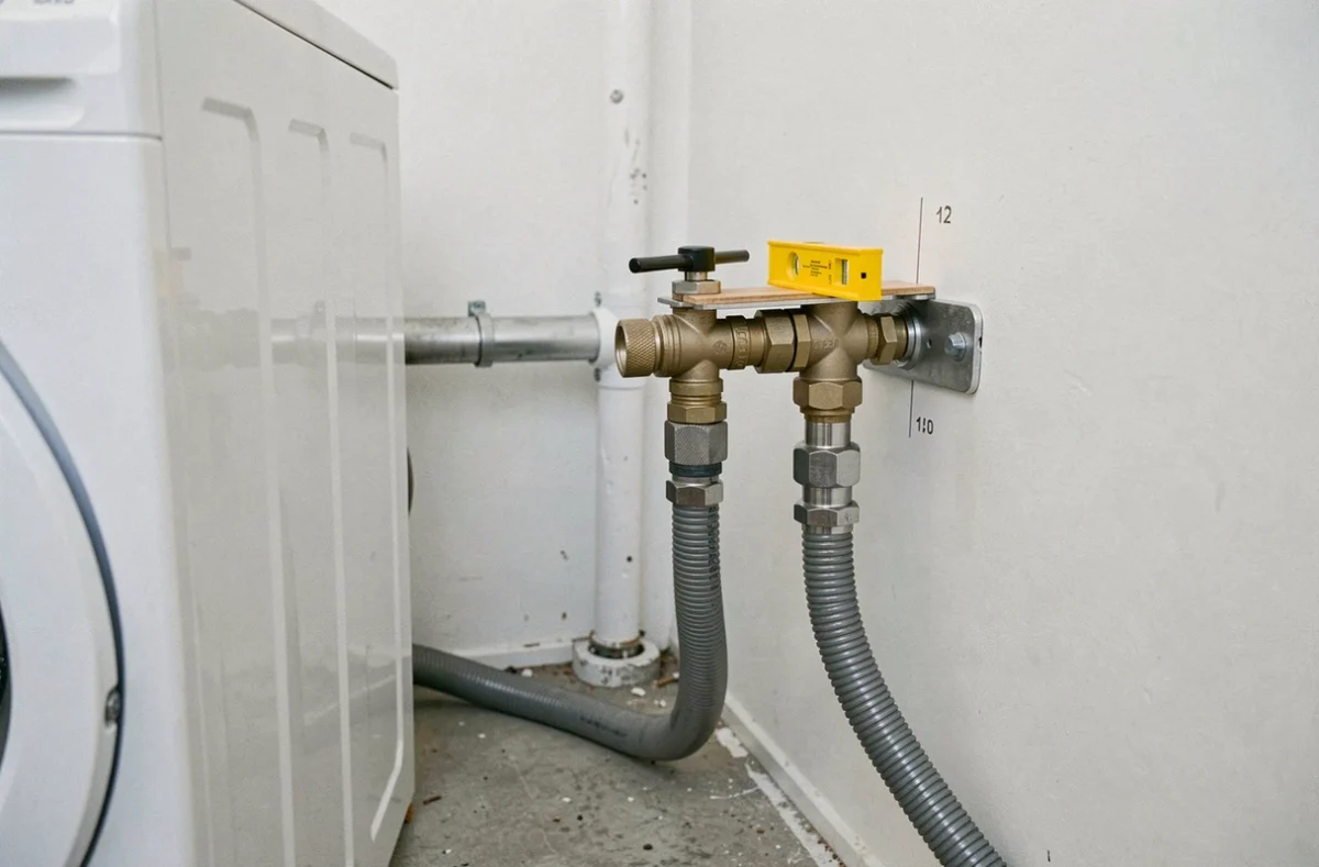 Branchements d'eau standard à l'arrière d'une machine à laver avec vannes d'arrêt murales et tuyaux d'alimentation dans un placard technique