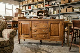 Buffet en bois vintage à vendre dans un magasin Emmaüs, meuble d'occasion avec poignées laiton