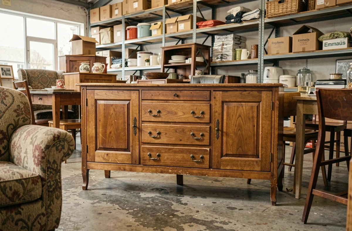 Buffet en bois vintage à vendre dans un magasin Emmaüs, meuble d'occasion avec poignées laiton
