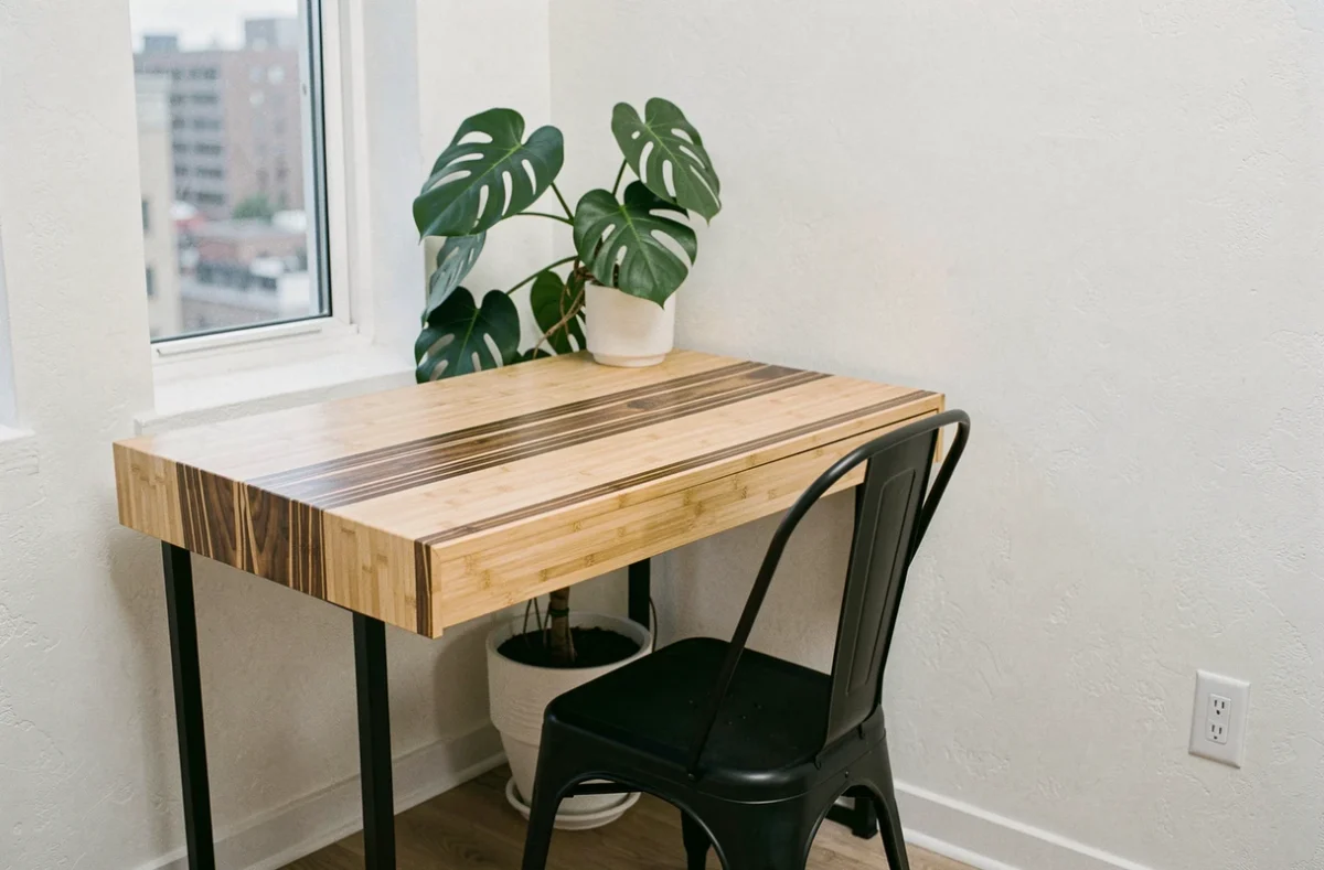 Bureau flottant en zébrano et bambou exotique dans un appartement urbain tendance, décoration 2026