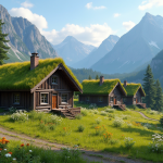 Cabanes en bois norvégiennes avec toits verts en été