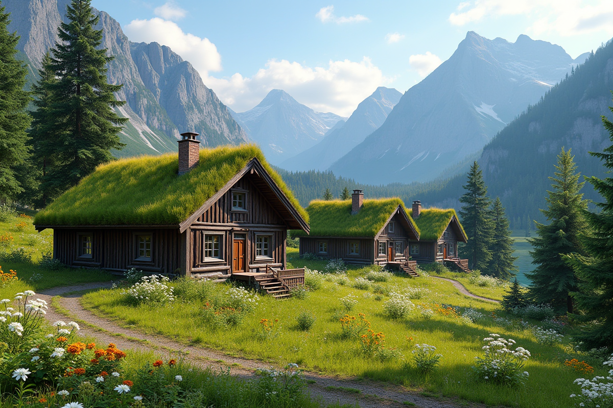 Cabanes en bois norvégiennes avec toits verts en été