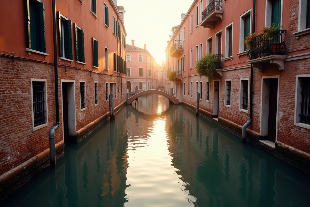 Canal vénitien au lever du soleil avec bâtiments historiques