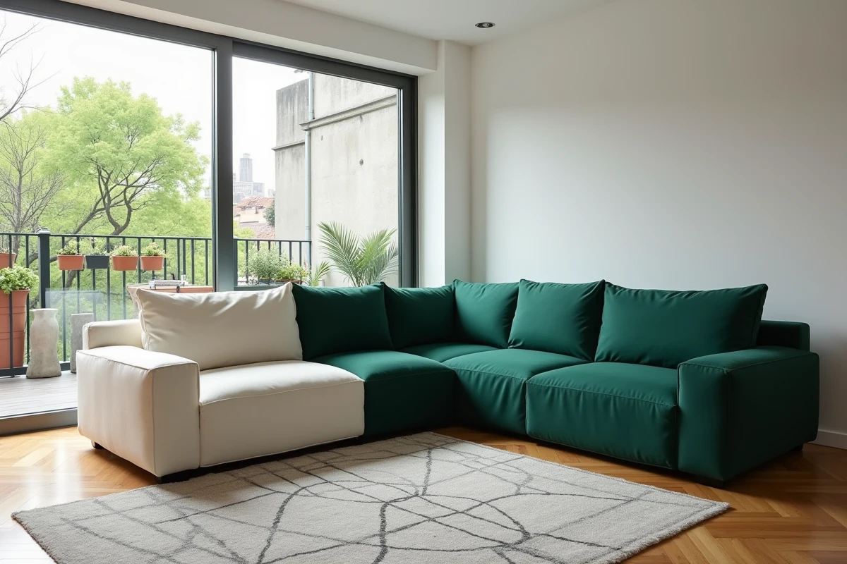 Canapé méridienne ivoire partiellement recouvert d'une housse vert forêt dans un salon moderne avec grandes fenêtres
