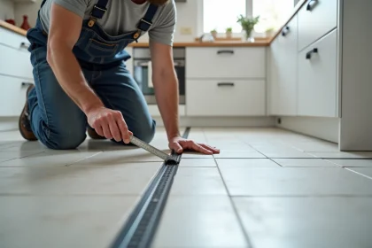Ouvrier carrelage en train de mesurer un joint de sol