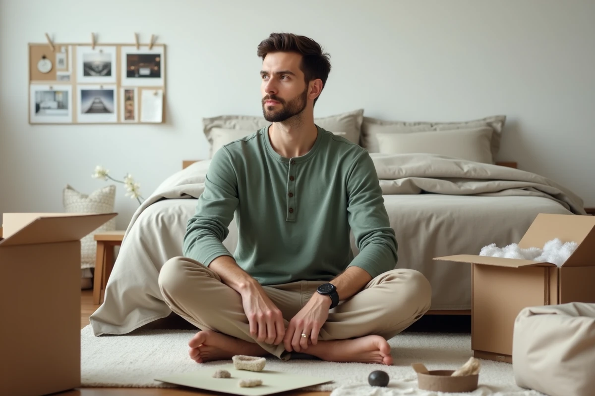 Homme organisant des objets décoratifs sur le sol d'une chambre en location lors de l'aménagement de son appartement
