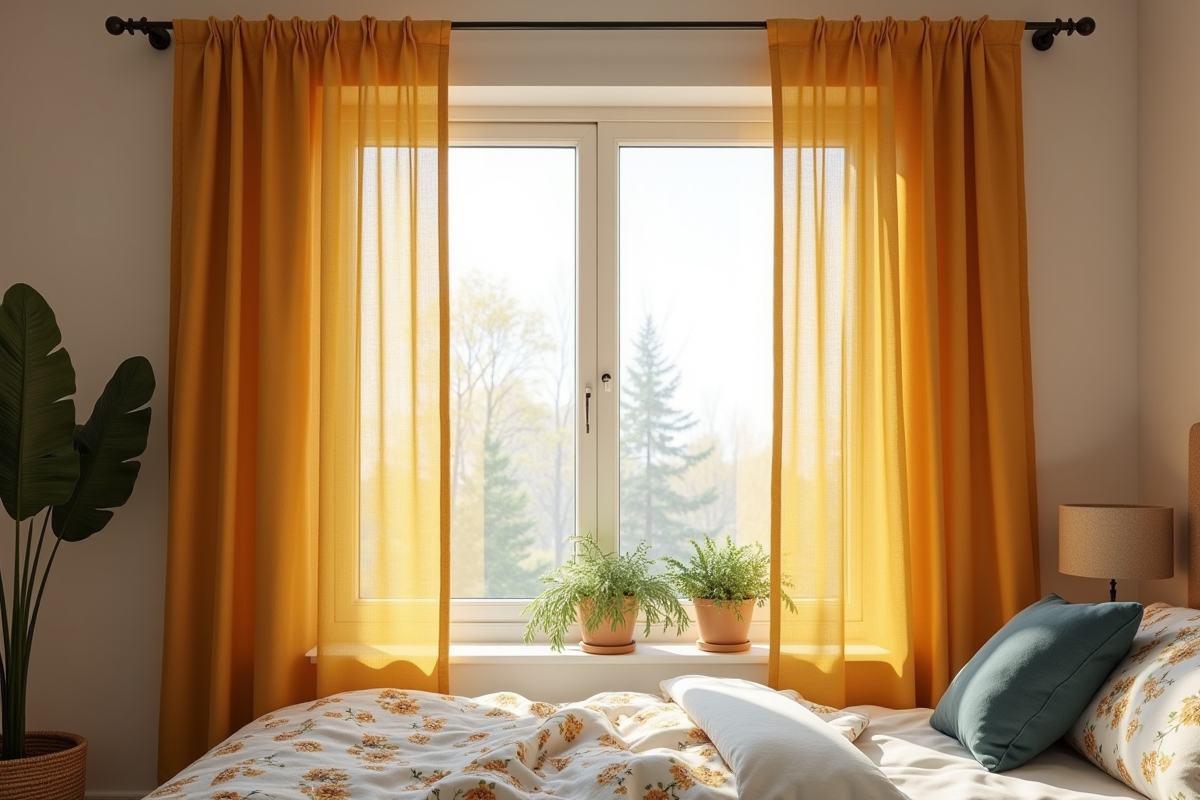 Chambre cozy avec rideaux fleuris et jaune moutarde