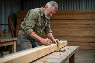Charpentier mesurant un bastaing en bois pour la construction d'un abri de jardin