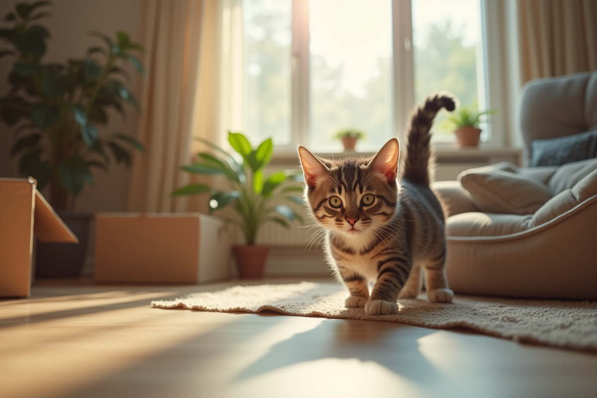 Chat curieux explorant un salon moderne et lumineux