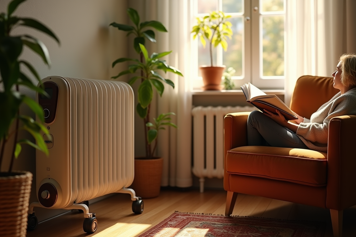 Coin lecture avec radiateur et lumière douce du matin