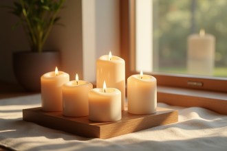 Coin de méditation avec bougies allumées dans une ambiance paisible