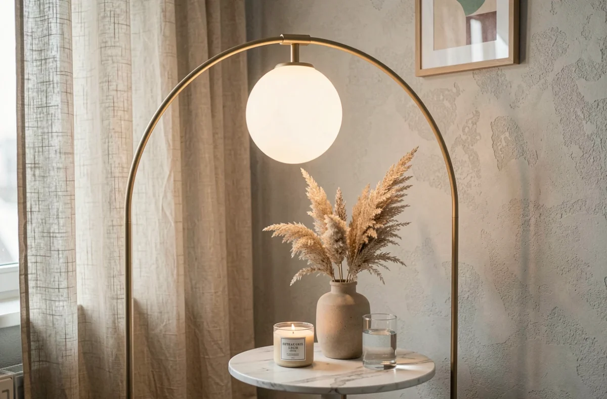 Coin salon minimaliste avec lampe arc blanc chaud, bougie et vase en céramique, style scandinave