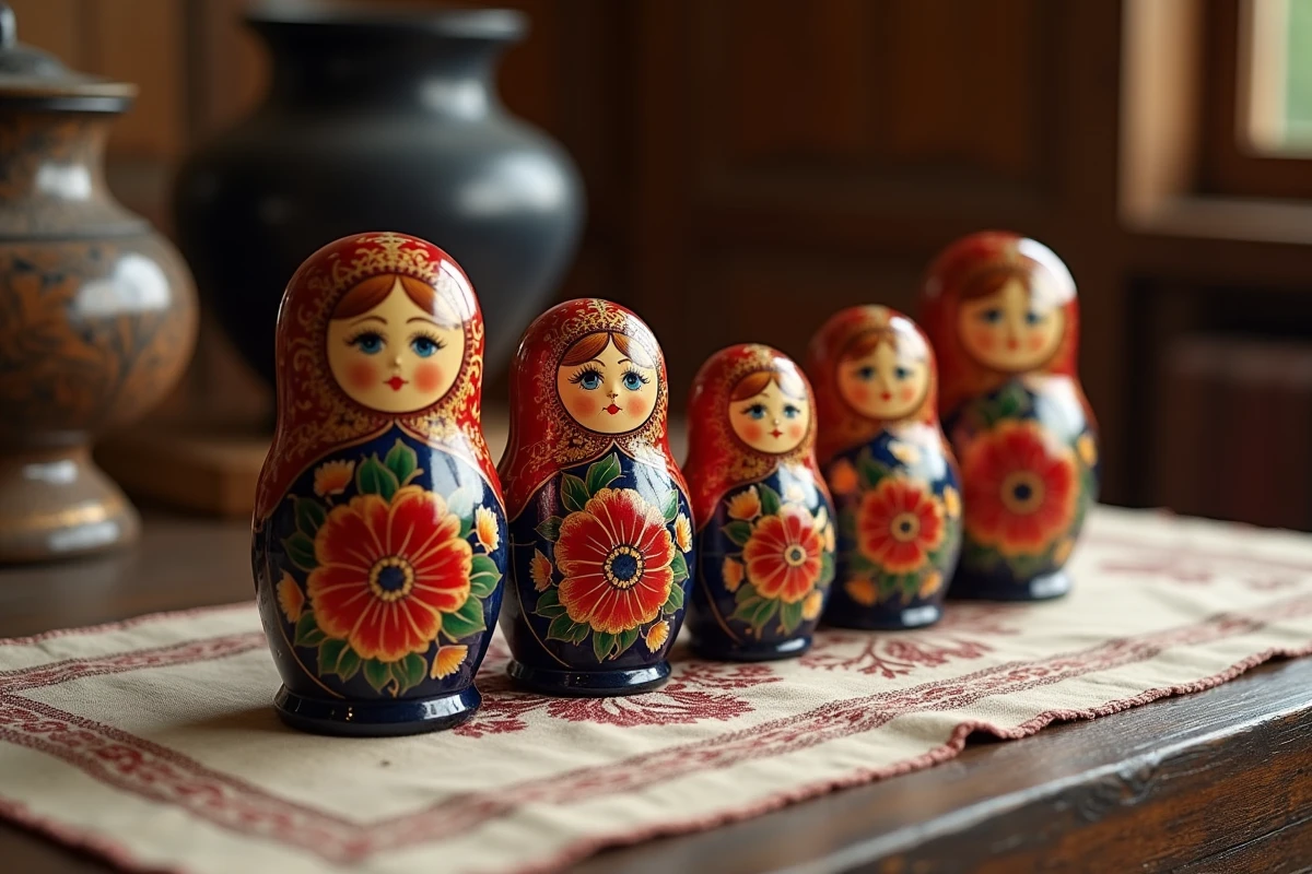 Collection de cinq matriochkas russes peintes à la main alignées sur une table en chêne montrant des motifs floraux détaillés en rouge, bleu et or