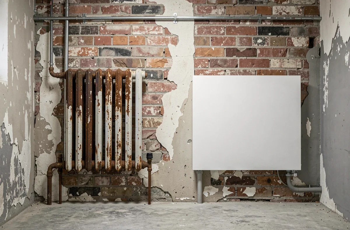 Comparaison entre un ancien radiateur en fonte rouillé et un radiateur basse température moderne dans un couloir en cours de rénovation