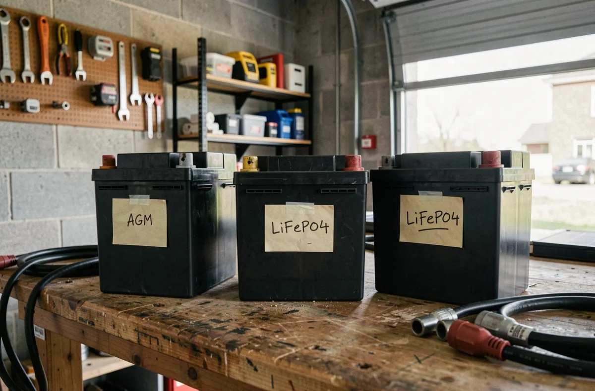 Comparaison de trois types de batteries pour panneau solaire 300W : AGM, lithium LiFePO4 et gel sur un établi de garage
