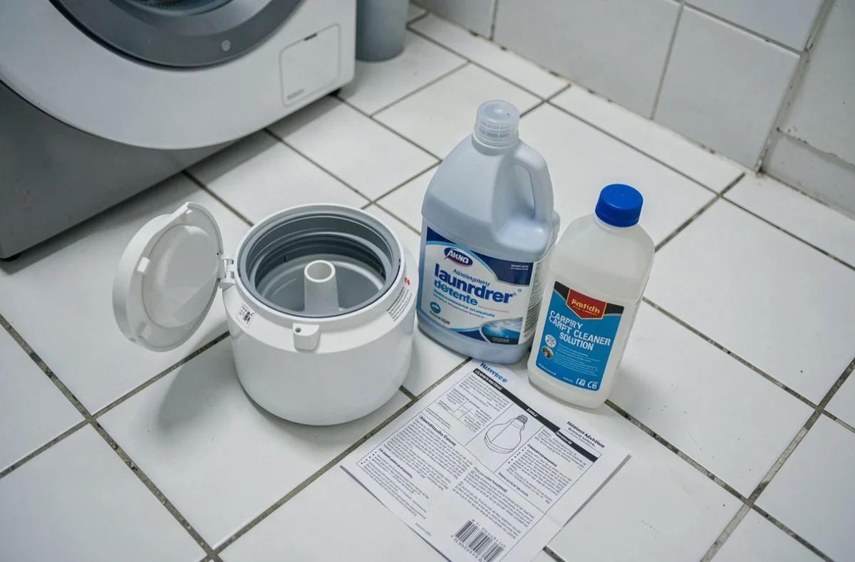 Comparaison entre lessive et produit shampouineuse posés à côté du réservoir d'une machine nettoyante sur carrelage