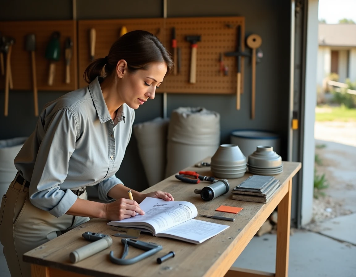 Femme en train de comparer le coût de location et d'achat d'outils de chantier dans un garage