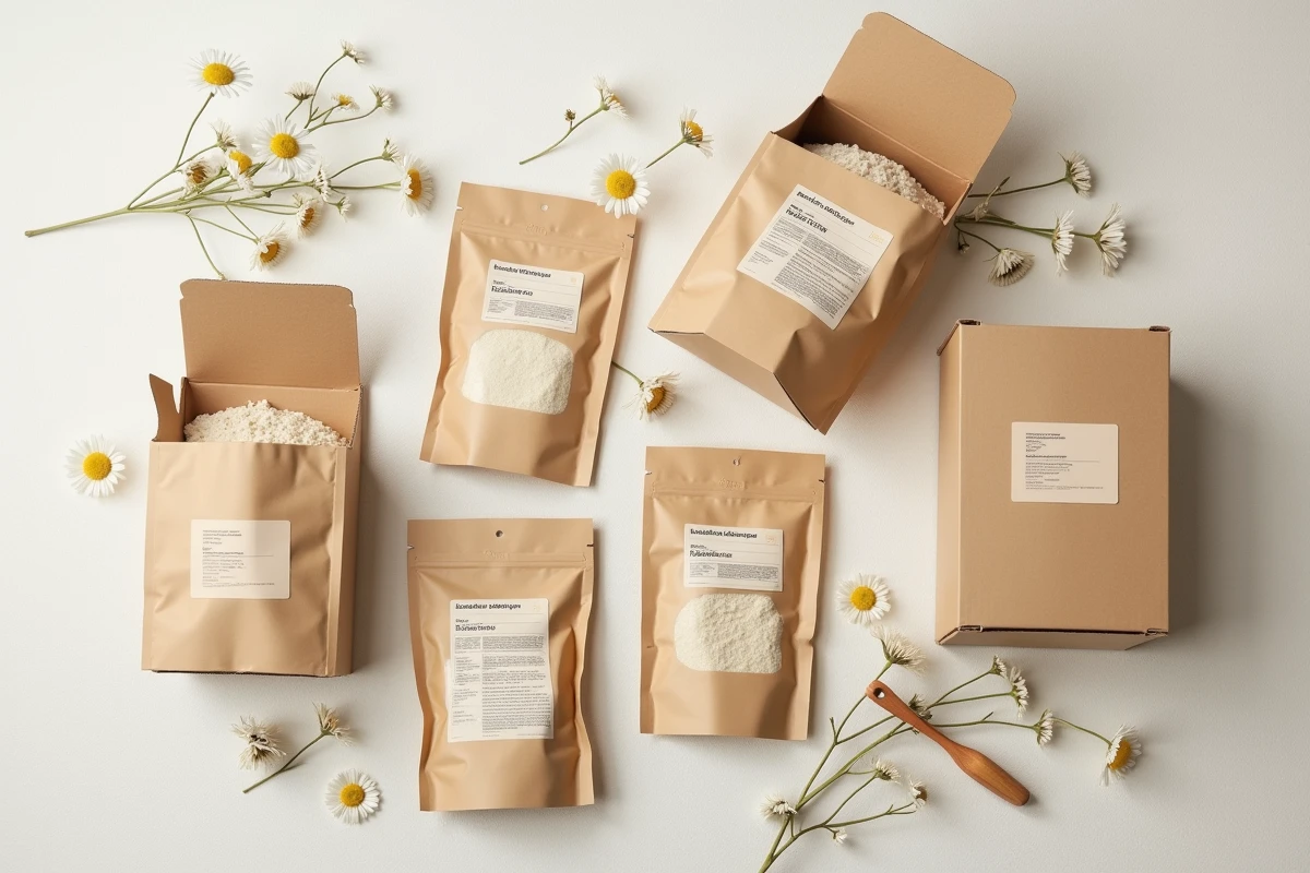 Comparatif de lessives en poudre hypoallergéniques pour peaux sensibles présentées en flat-lay sur tissu lin
