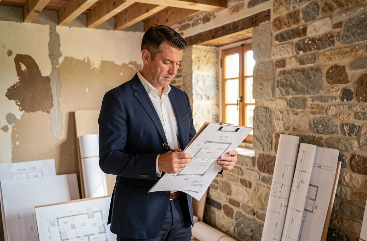 Conseiller de Conseil Rénovation Bâtiment étudiant des plans dans une maison en rénovation en Corrèze