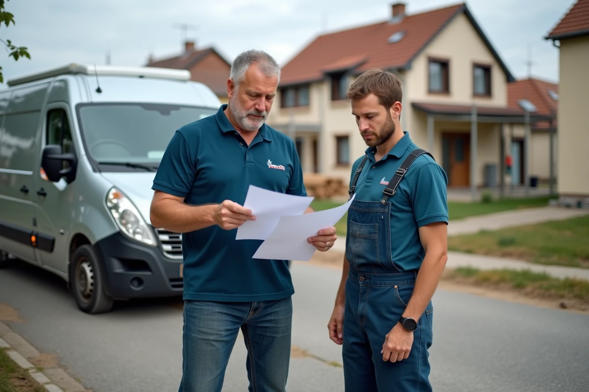 Conseiller professionnel et apprenti consultant une liste de location d'outils sur un chantier de construction résidentiel