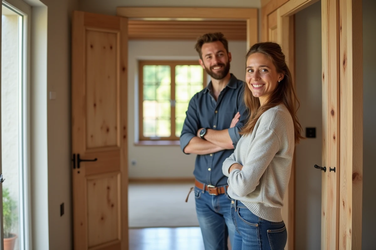 Jeune femme discutant avec un professionnel du bois dans une maison