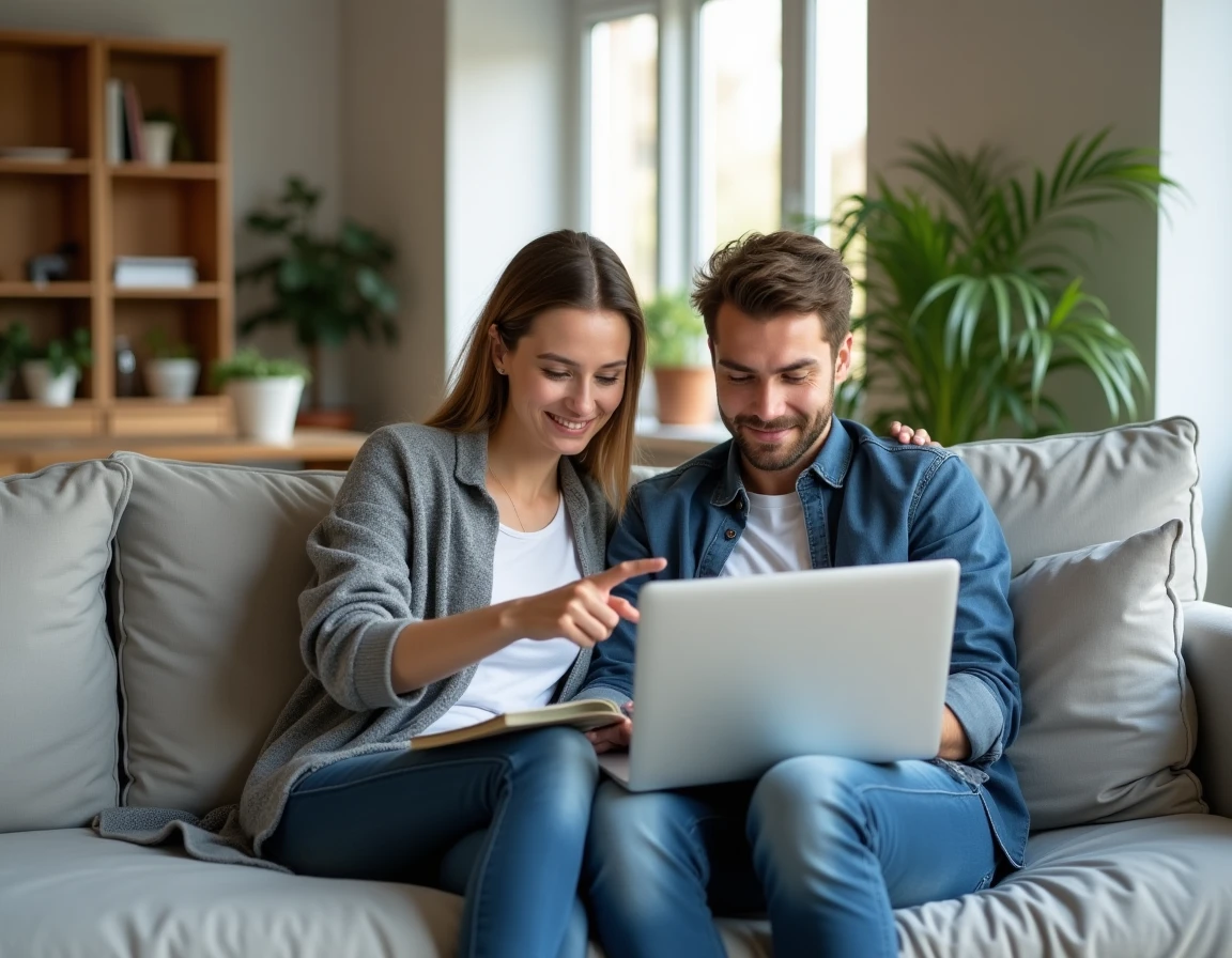 Un couple de propriétaires compare des devis travaux en ligne sur un ordinateur portable dans leur salon moderne