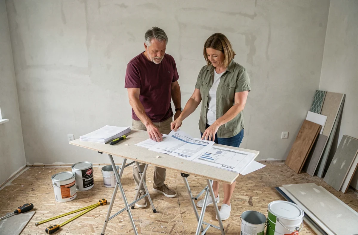 Couple de propriétaires comparant des devis travaux dans un salon en cours de rénovation