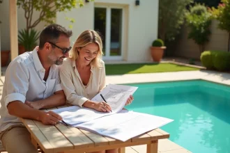 Couple examinant des documents de financement et plans pour la construction d'une piscine dans leur jardin