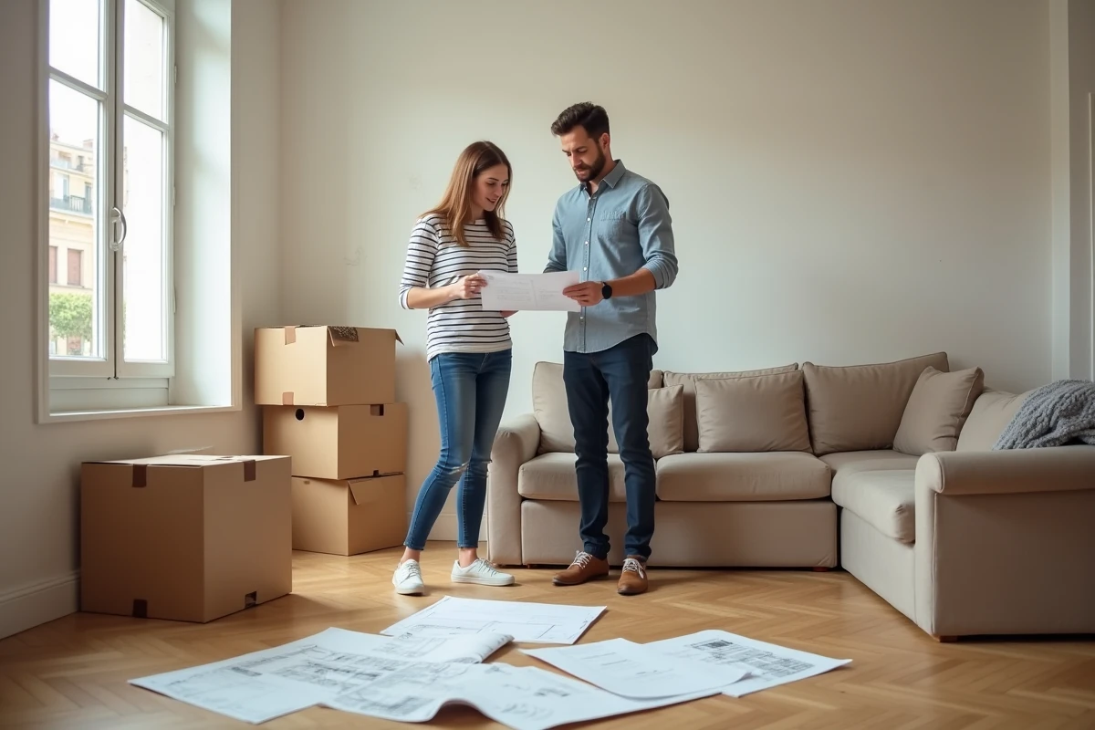 Couple comparant leur bon de livraison aux meubles reçus dans leur appartement français, illustrant les erreurs courantes lors d'une commande de meubles en ligne